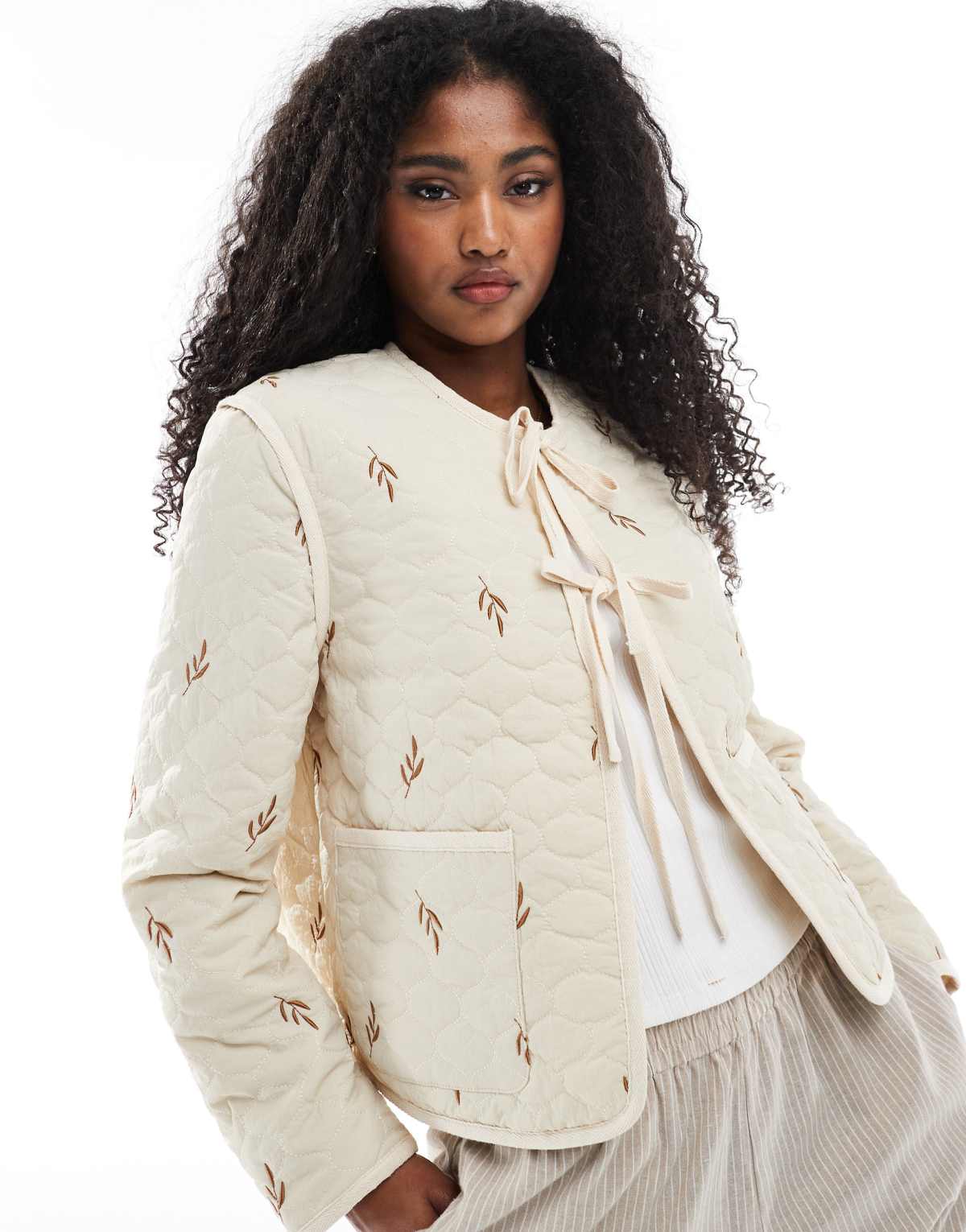 Vero Moda tie front quilted jacket in cream