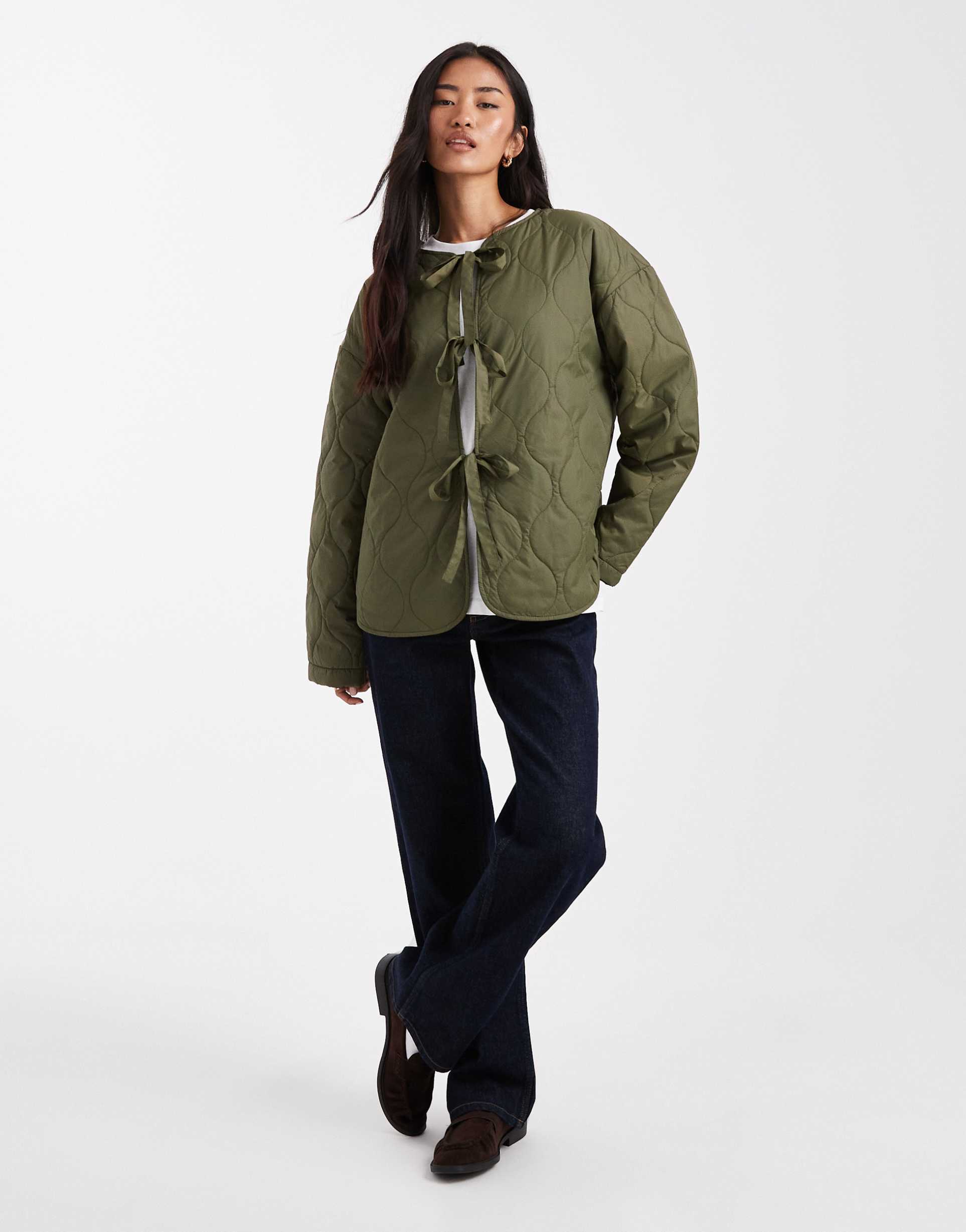 vero moda tie front quilted jacket in dark green