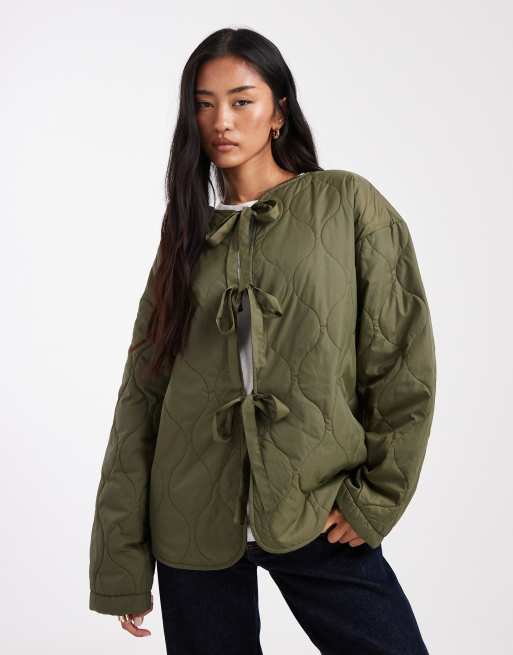 Vero Moda tie front quilted jacket in dark green | ASOS