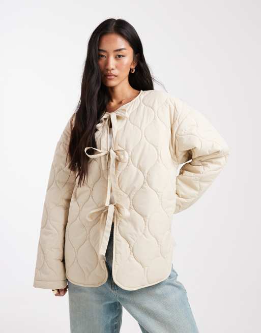Vero Moda tie front quilted jacket in oatmeal, 2 of 4