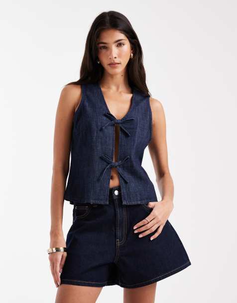 Vero Moda tie front sleeveless denim top in dark rinse wash