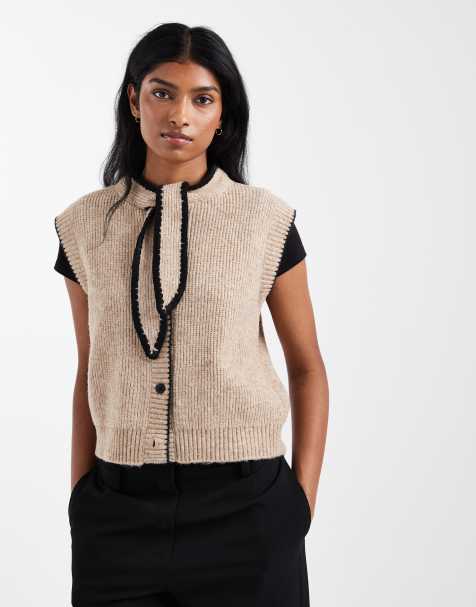 Vero Moda tie neck knit sweater vest with black trim in beige - view 1