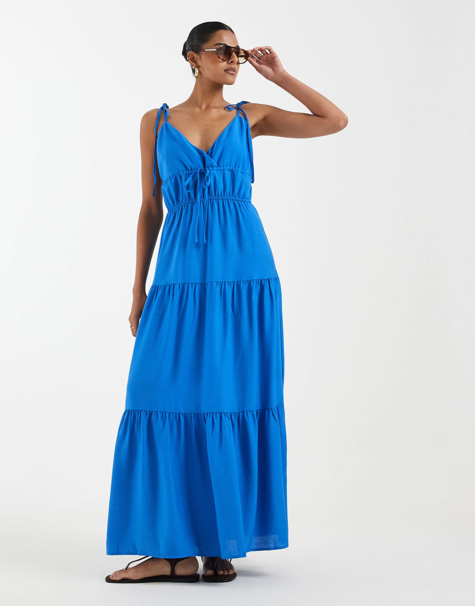vero moda tie shoulder cami midi tiered dress in nebulas blue
