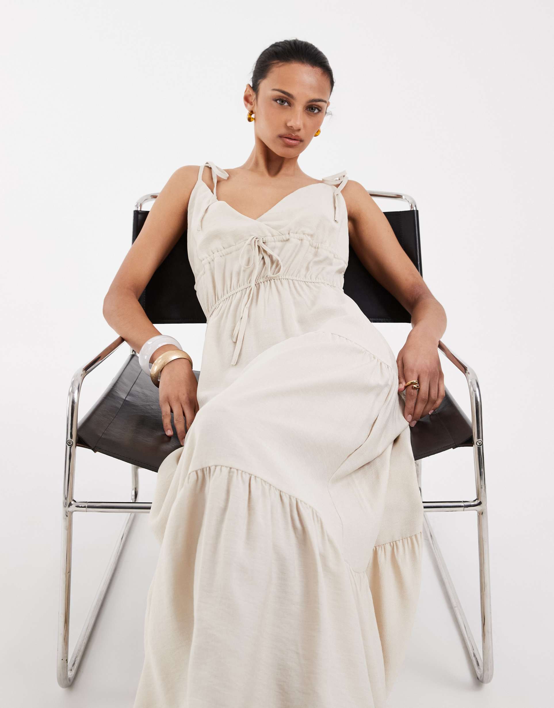 vero moda tie shoulder cami tiered midi dress in oatmeal