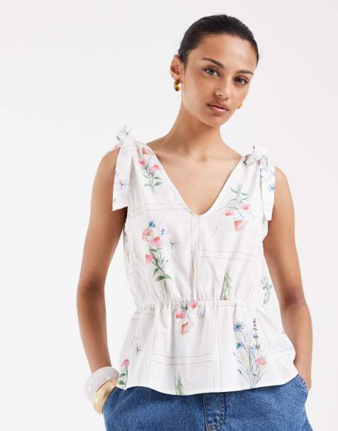 Vero Moda tie shoulder peplum hem top in white based wild flower print - view 1