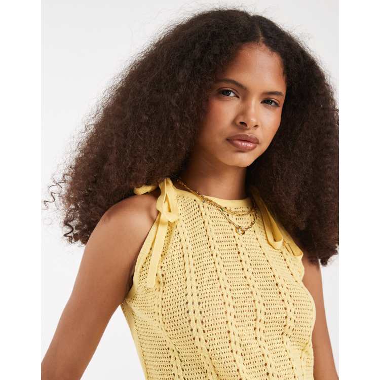 Vero Moda tie shoulder racer crochet knit tank top in golden