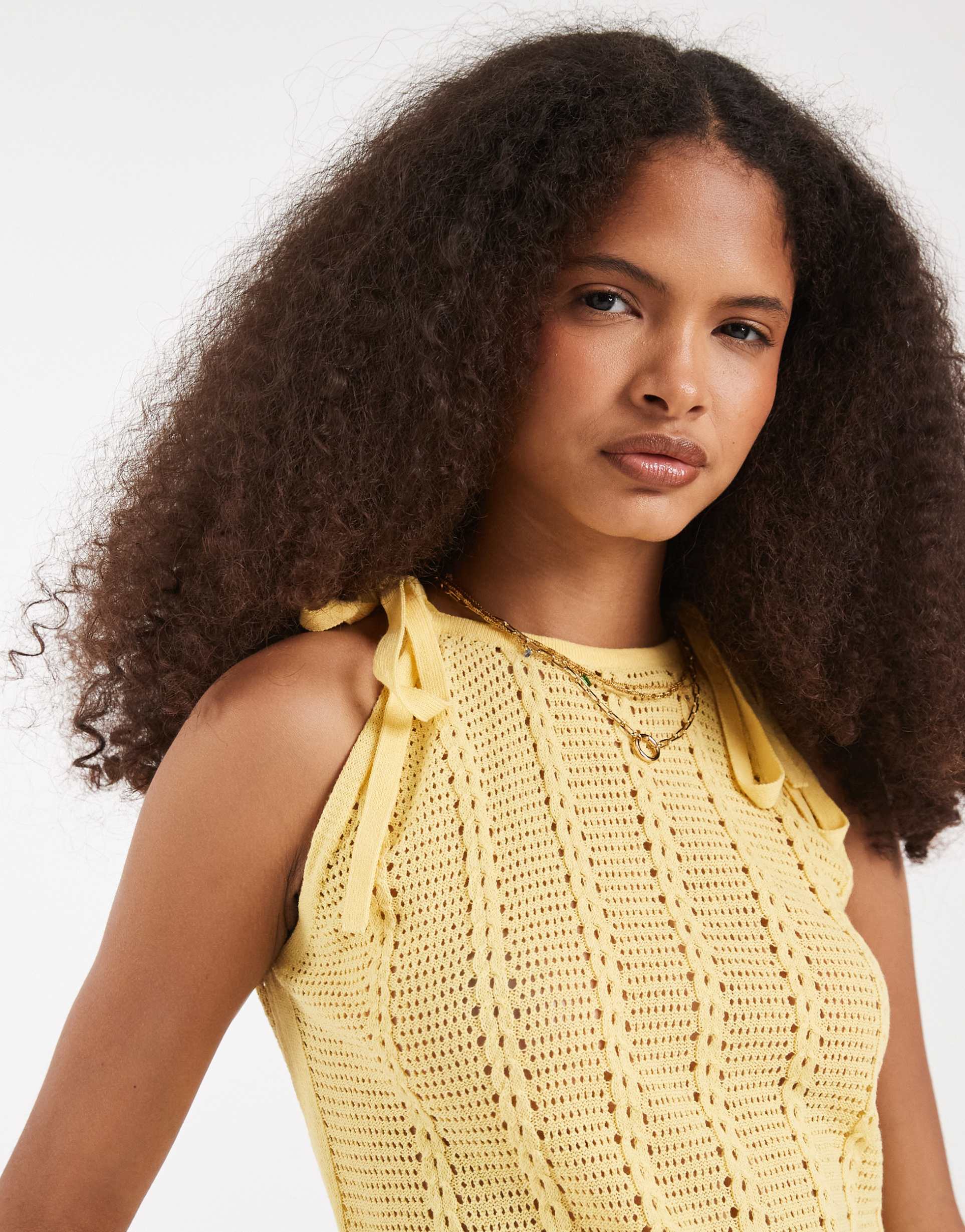 vero moda tie shoulder racer crochet knit tank top in golden yellow