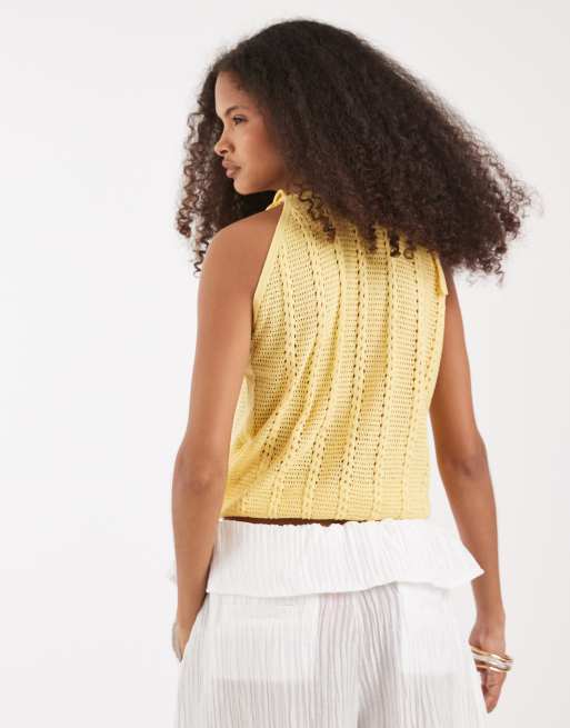 Vero Moda tie shoulder racer crochet knitted vest in golden yellow, 4 of 4