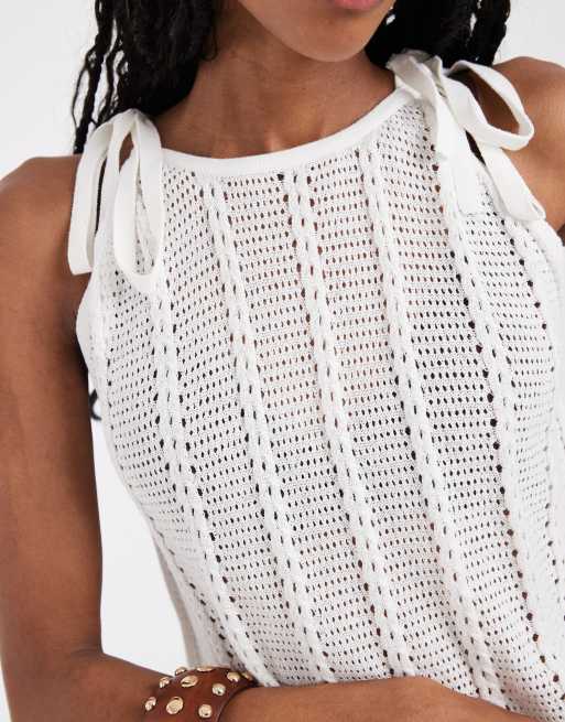 Vero Moda tie shoulder racer crochet knitted vest in white, 3 of 4