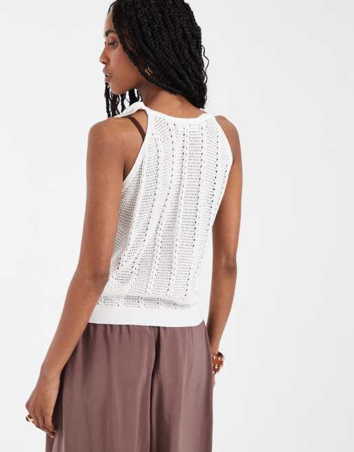 Vero Moda tie shoulder racer crochet knitted vest in white, 4 of 4
