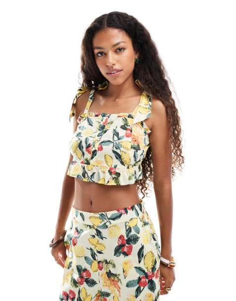Vero Moda tie shoulder ruffle crop top co-ord in summer fruit print