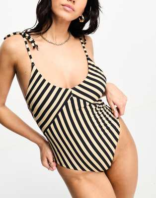 Vero Moda tie shoulder swimsuit in cream and black stripe