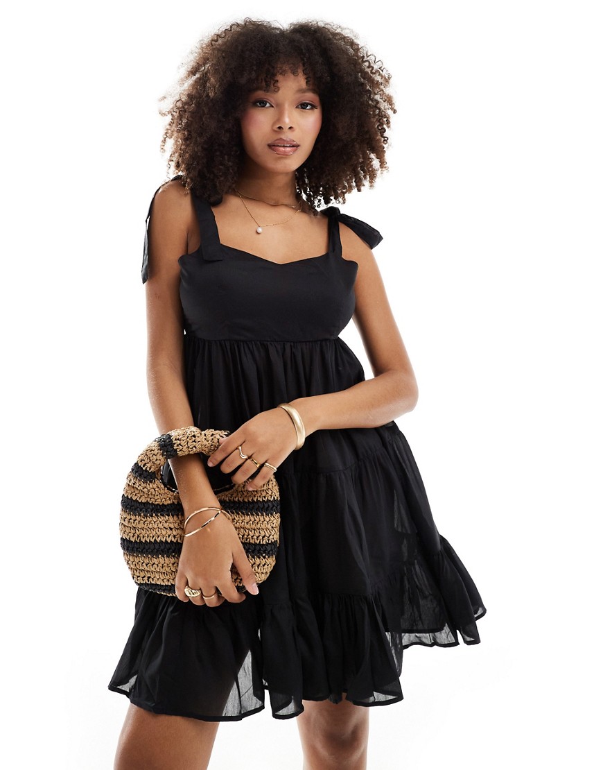 Vero Moda Tie Shoulder Tiered Beach Mini Dress In Black