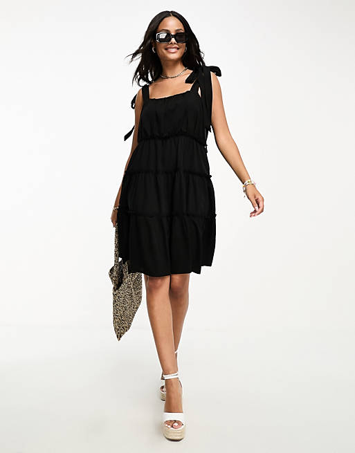 Vero Moda tie shoulder tiered mini dress in black | ASOS