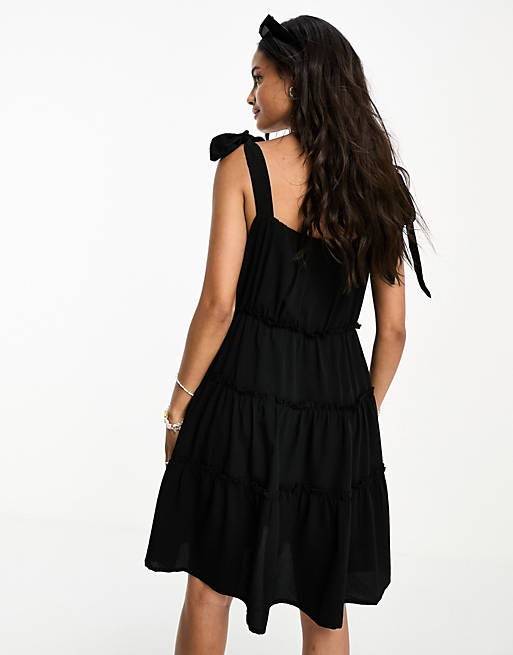 Vero Moda tie shoulder tiered mini dress in black | ASOS
