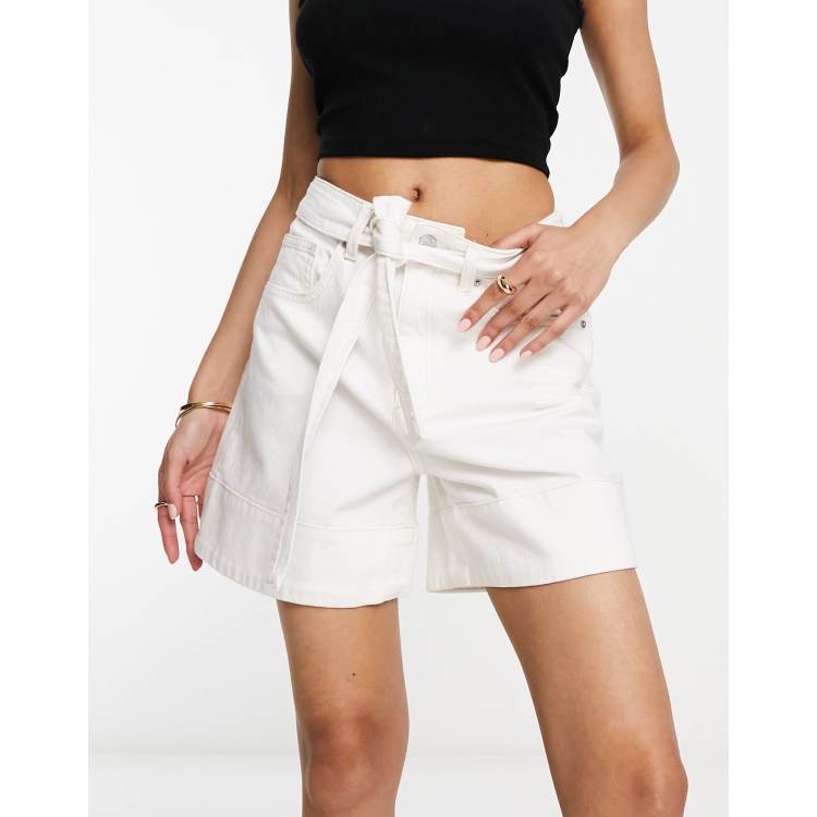 High Waisted Paperbag Pu Tie Waist Shorts White