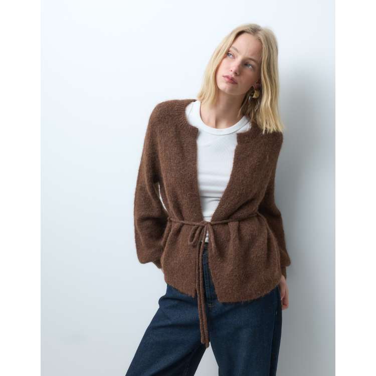 Vero Moda tie waist fluffy knit cardigan in chocolate brown | ASOS