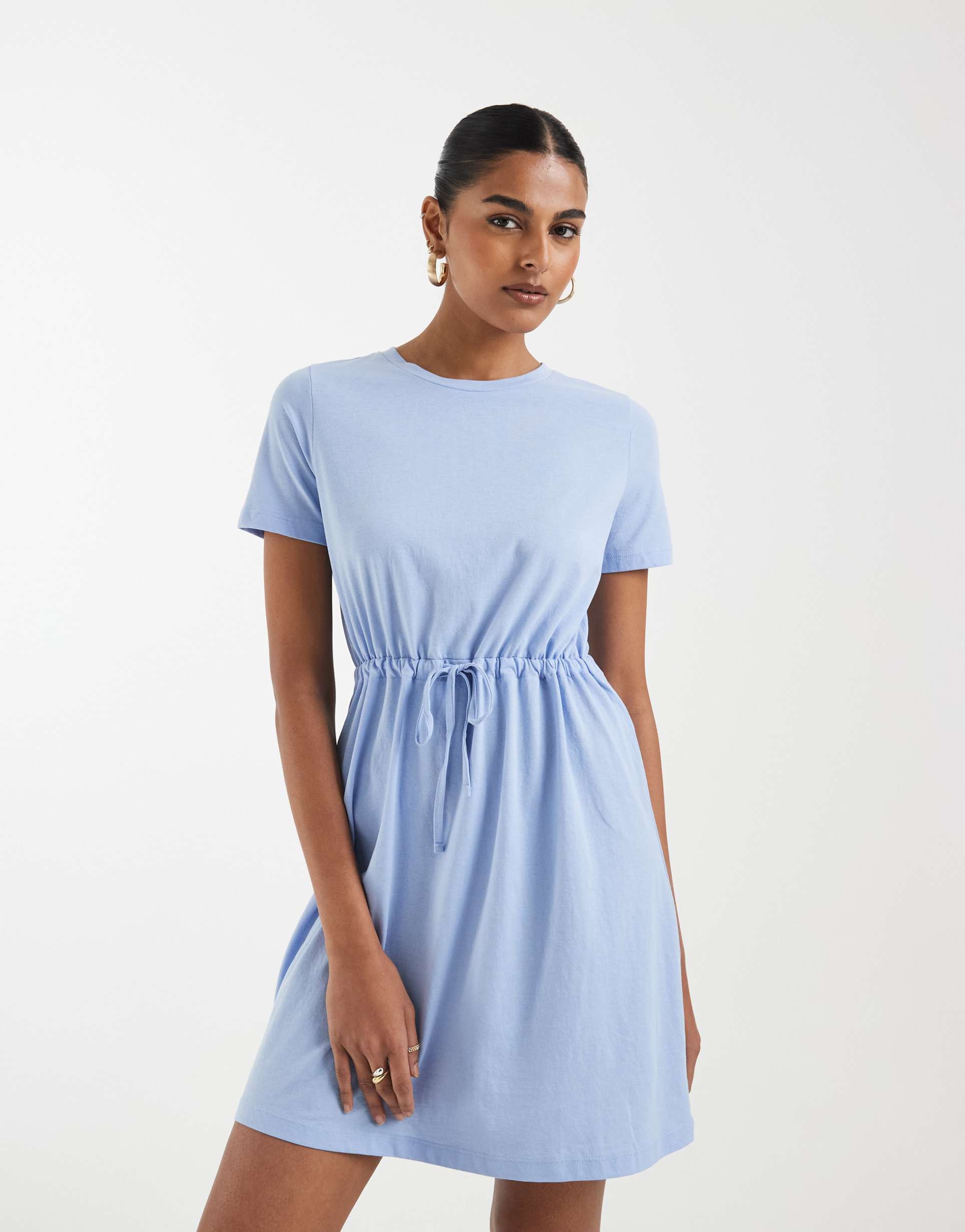 vero moda tie waist jersey mini dress in light blue