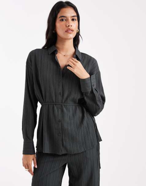 Vero Moda tie waist oversized plisse shirt in charcoal grey (part of a set) - view 1