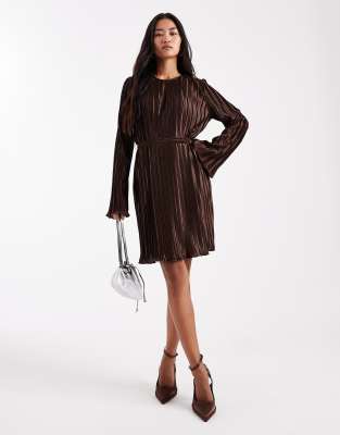 Vero Moda Tie Waist Plisse Mini Dress In Brown