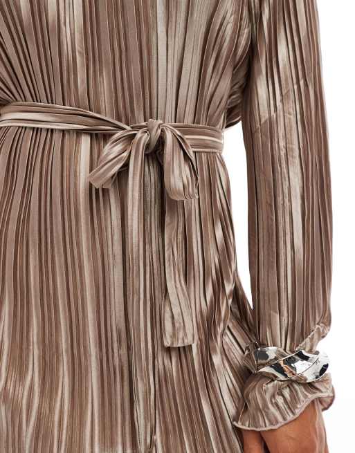 Vero Moda tie waist plisse mini dress in gold