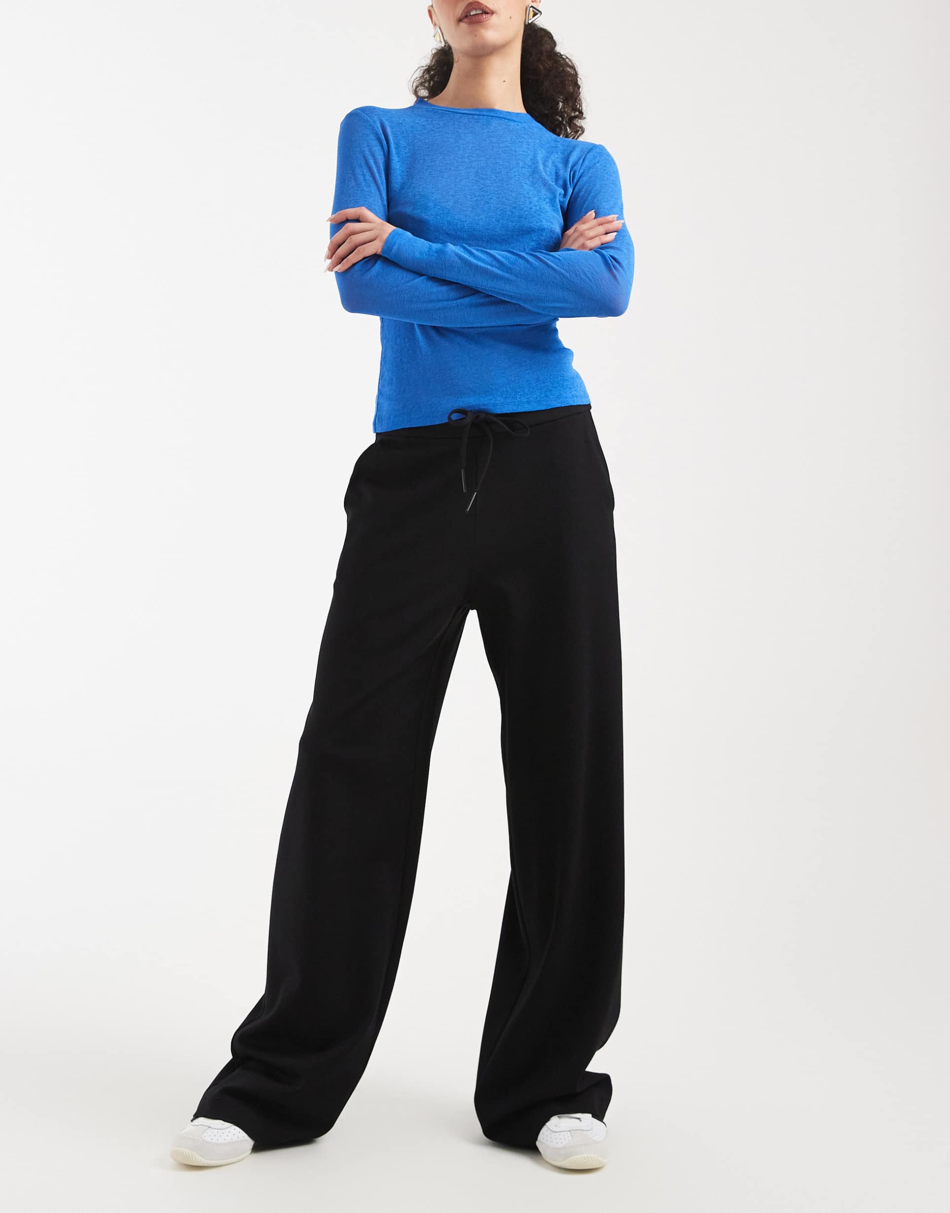 vero moda tie waist pull-on jersey wide leg pants in black