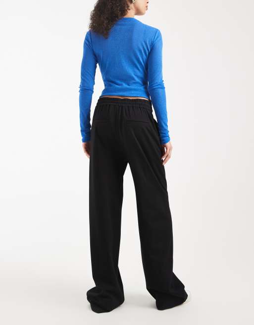 Vero Moda tie waist pull on jersey wide leg trouser in black, 2 of 5