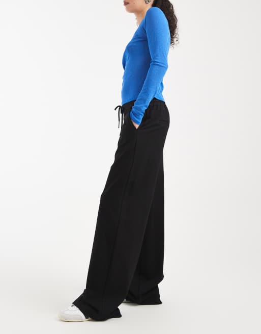 Vero Moda tie waist pull on jersey wide leg trouser in black, 3 of 5