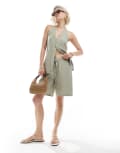 [Vero Moda] Vero Moda tie waist shorts in sea grass (part of a set)-Green XXS Sea Grass