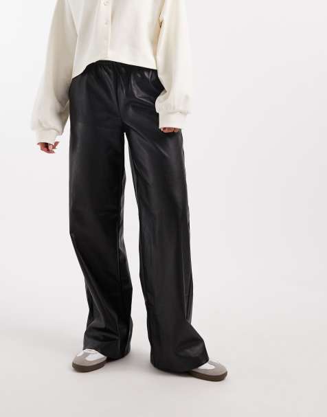 Vero Moda tie waist wide leg faux leather pants in black - view 1
