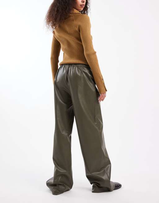 Vero Moda tie waist wide leg faux leather pants in khaki, 3 of 5