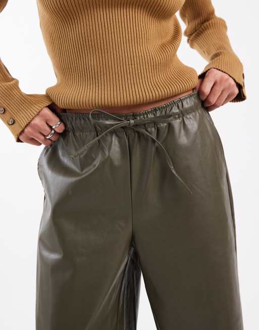 Vero Moda tie waist wide leg faux leather pants in khaki, 4 of 5