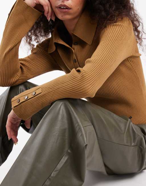 Vero Moda tie waist wide leg faux leather pants in khaki, 5 of 5