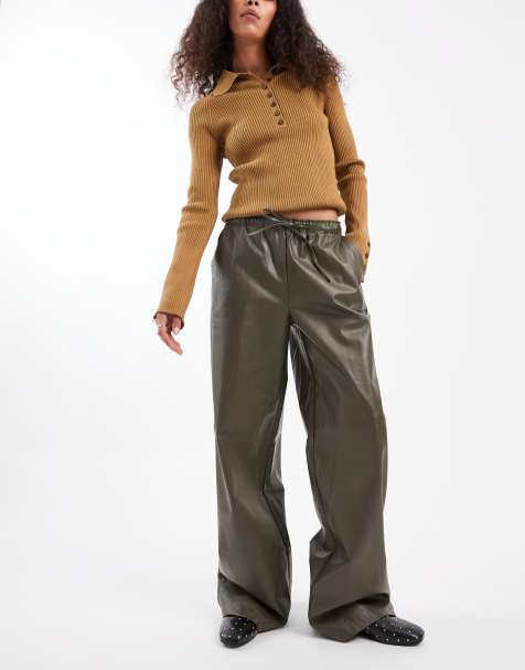Vero Moda tie waist wide leg faux leather trouser in khaki - view 1