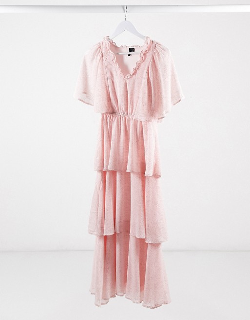 Vero Moda tiered chiffon maxi dress in pink spot print