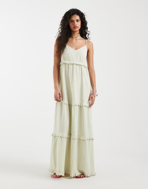 Vero Moda tiered cotton cami maxi dress with scallop edge detailing in pale  green | ASOS