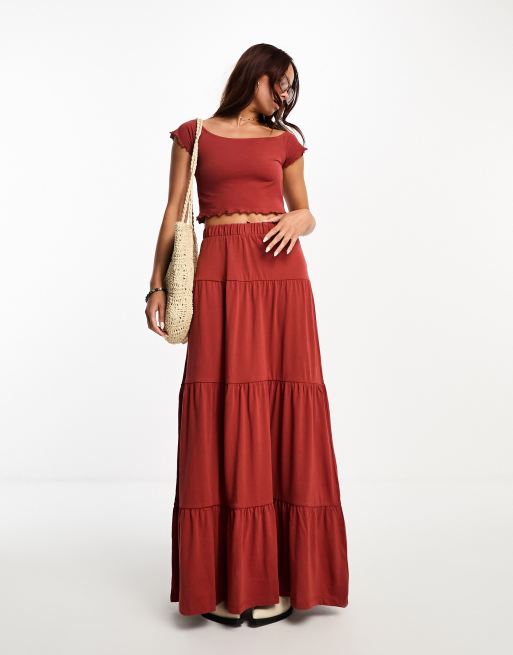 Vero Moda tiered jersey maxi skirt coord in red ASOS