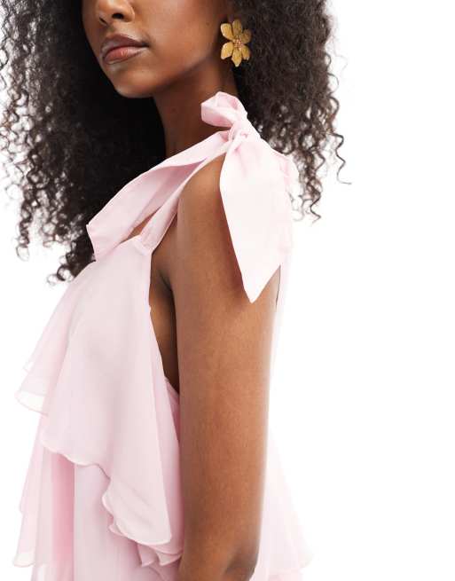 Vero Moda tiered maxi dress with tie shoulder detail in pink, 2 of 4