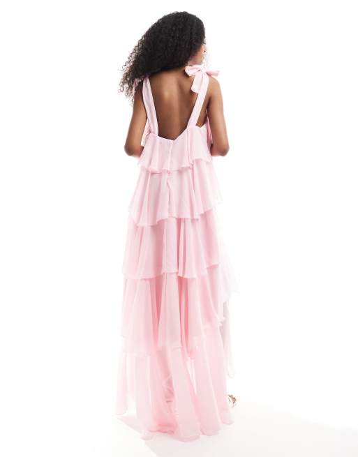 Vero Moda tiered maxi dress with tie shoulder detail in pink, 4 of 4
