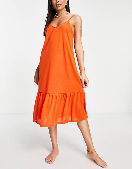Vero Moda tiered midi beach dress in burnt orange