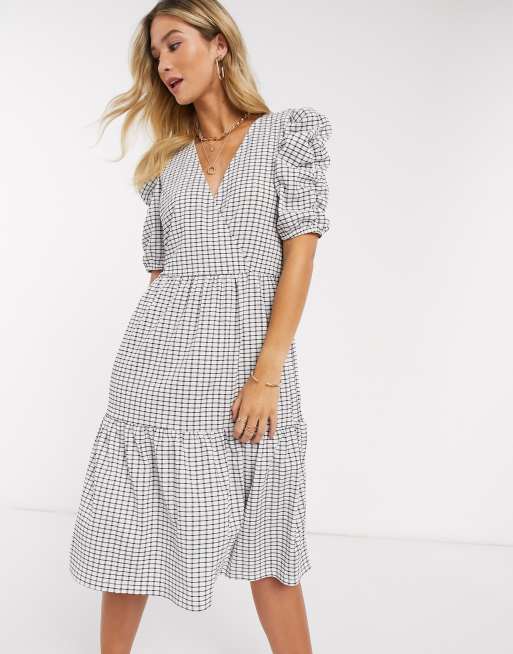 Vero Moda Tiered Midi Dress With Puff Sleeves In White Check Asos 