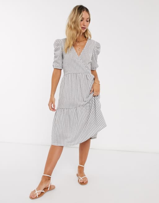 Vero Moda Tiered Midi Dress With Puff Sleeves In White Check Asos 