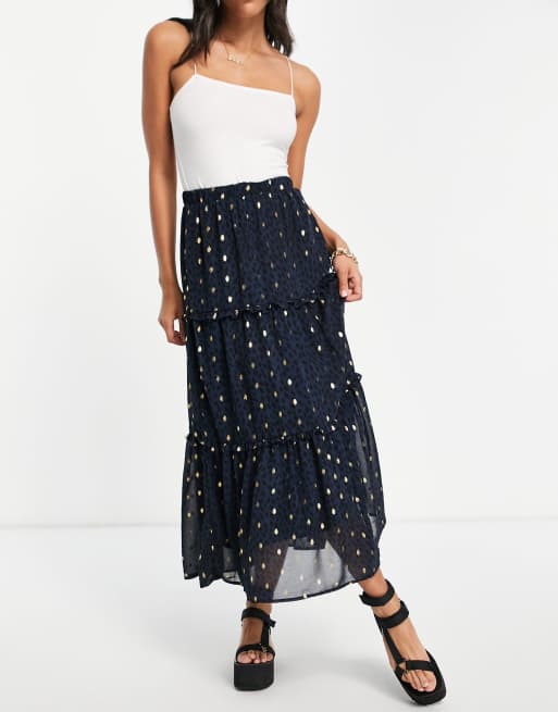 Vero Moda tiered midi skirt in navy | ASOS