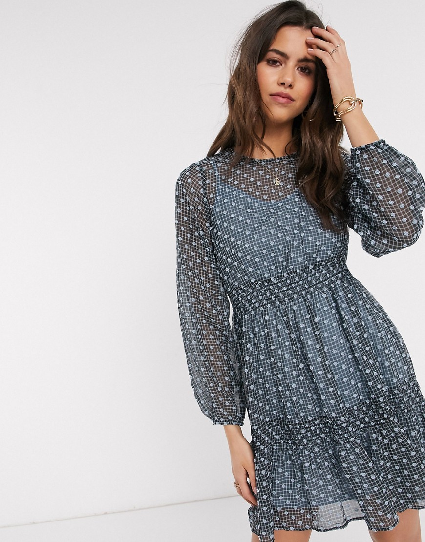 Vero Moda tiered mini dress with embroidered overlay in blue
