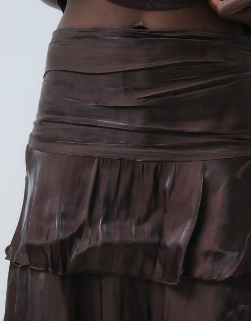 Vero Moda tiered shimmer detail mini skirt in chocolate brown, 3 of 5