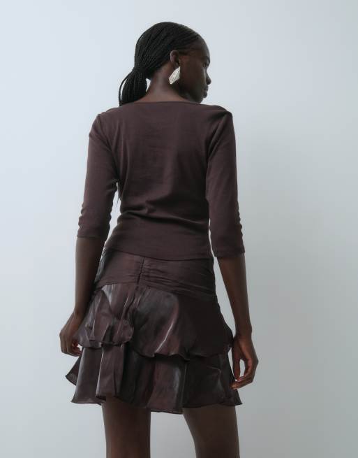 Vero Moda tiered shimmer detail mini skirt in chocolate brown, 4 of 5