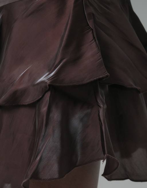 Vero Moda tiered shimmer detail mini skirt in chocolate brown, 5 of 5