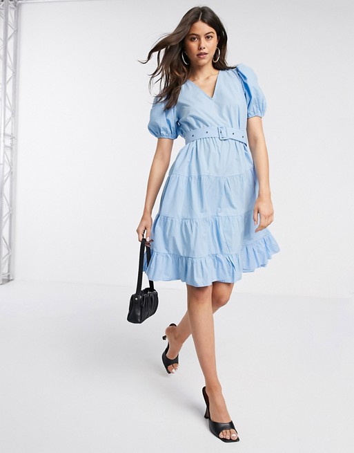 Vero Moda tiered smock dress with removable belt in blue