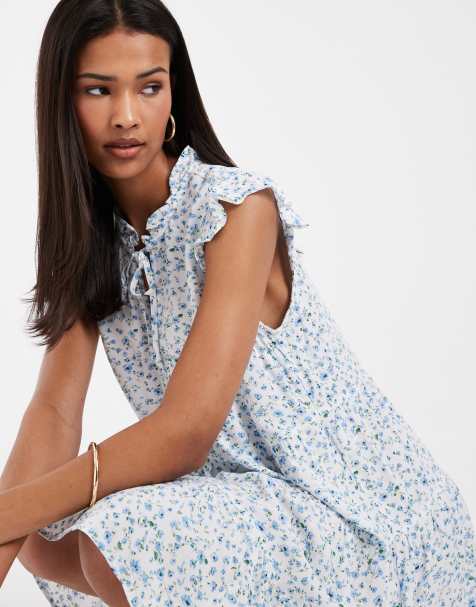 Vero Moda tiered tie neck smock mini dress in blue and white floral print - view 1