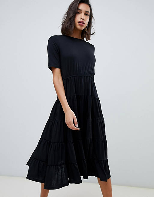 Vero Moda tiered volume midii dress in black | ASOS